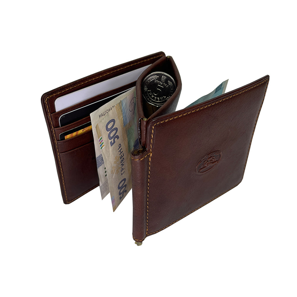 Dark brown Tony Perotti Italico 1717 wallet in use — banknotes held under the money clip, cards in the slots and a coin in the magnetic coin pocket