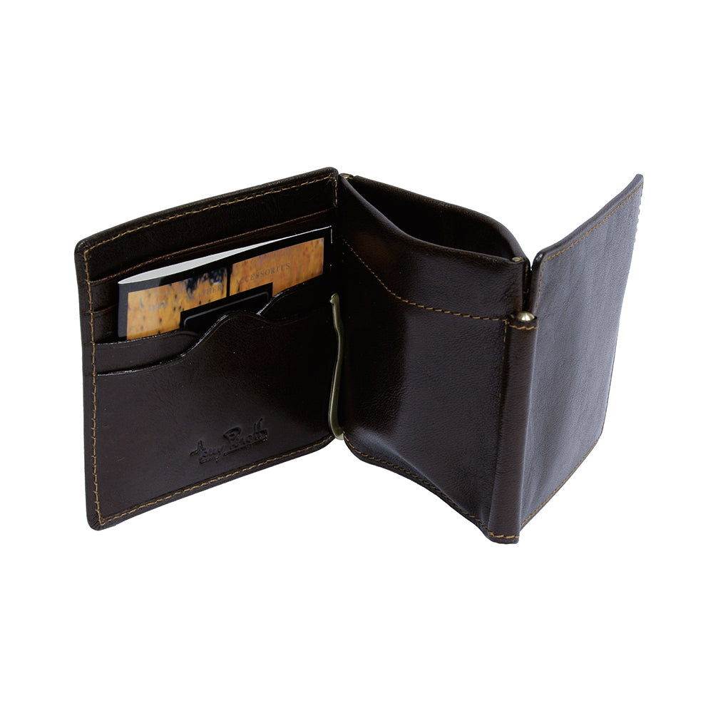Open dark brown Italico 1717 wallet — card slots with the embossed Tony Perotti signature, the brass spring clip and the magnetic coin pocket