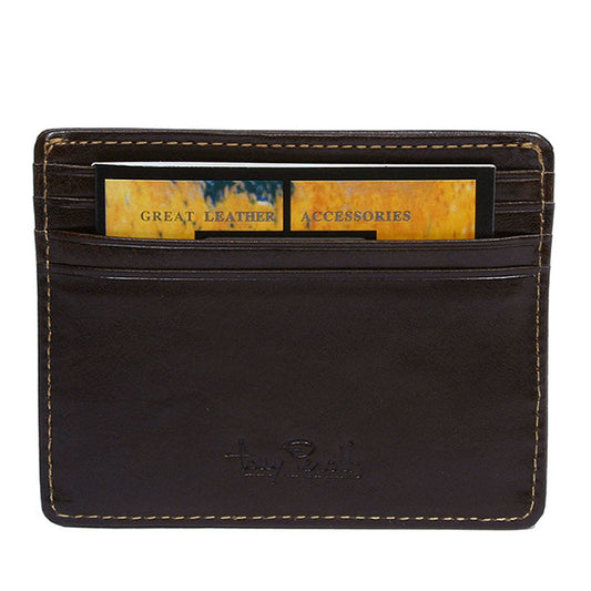 A dark brown leather card holder wallet with light tan contrast stitching, featuring two card slots with sample cards inserted, and an embossed logo on the front, shown against a plain white background.