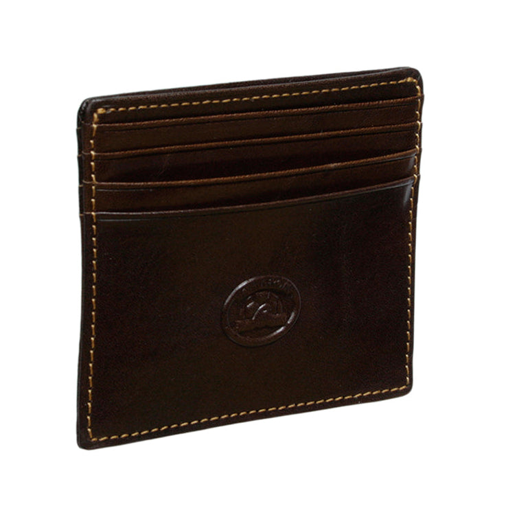 A dark brown leather cardholder wallet with light tan contrast stitching and an embossed circular logo on the front, shown on a plain white background.