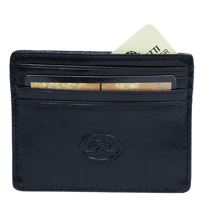 Tony Perotti black leather card holder Italico 2236 nero with multiple card slots, shown on a white background with cards partially inserted.