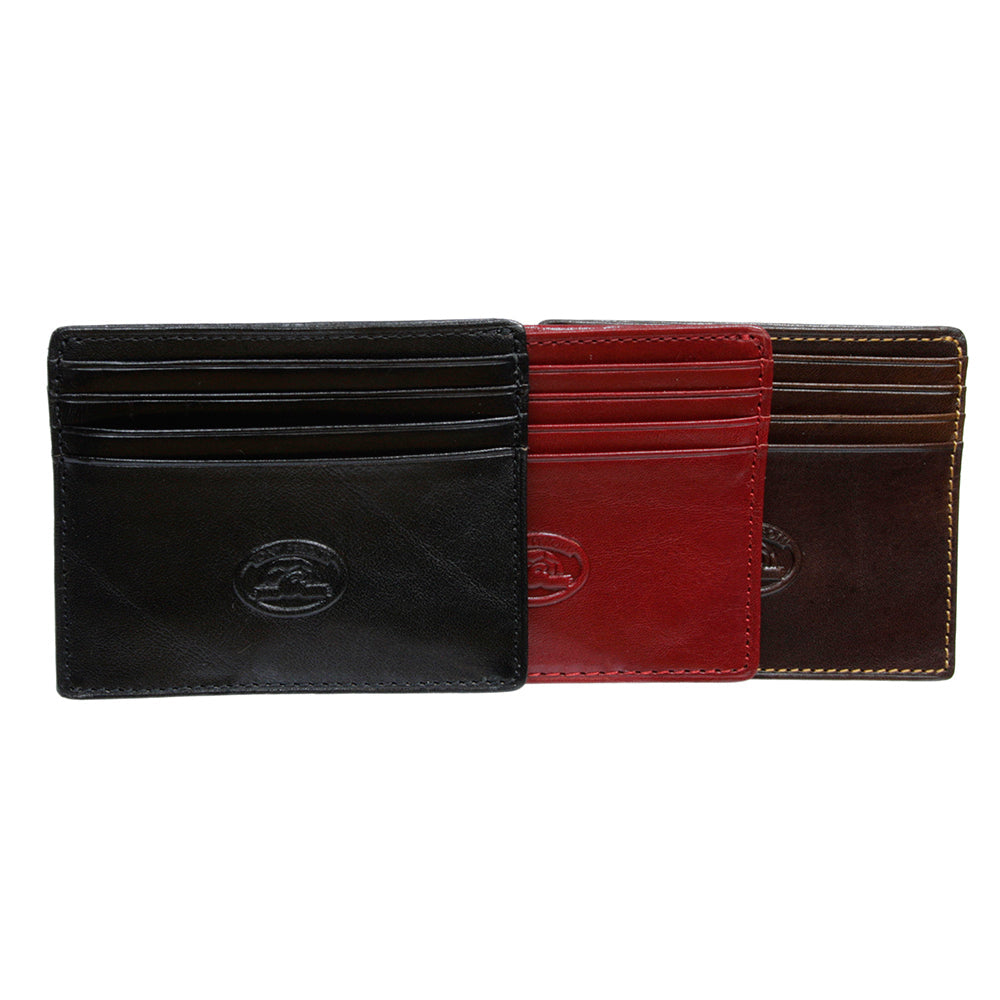 Three slim leather cardholder wallets in black, red, and brown, arranged side-by-side on a white background.