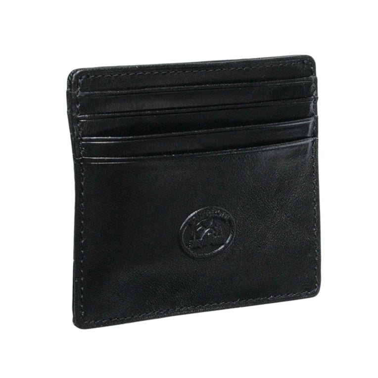 A black leather card holder wallet with multiple card slots and a circular embossed logo on the front, shown on a plain white background.
