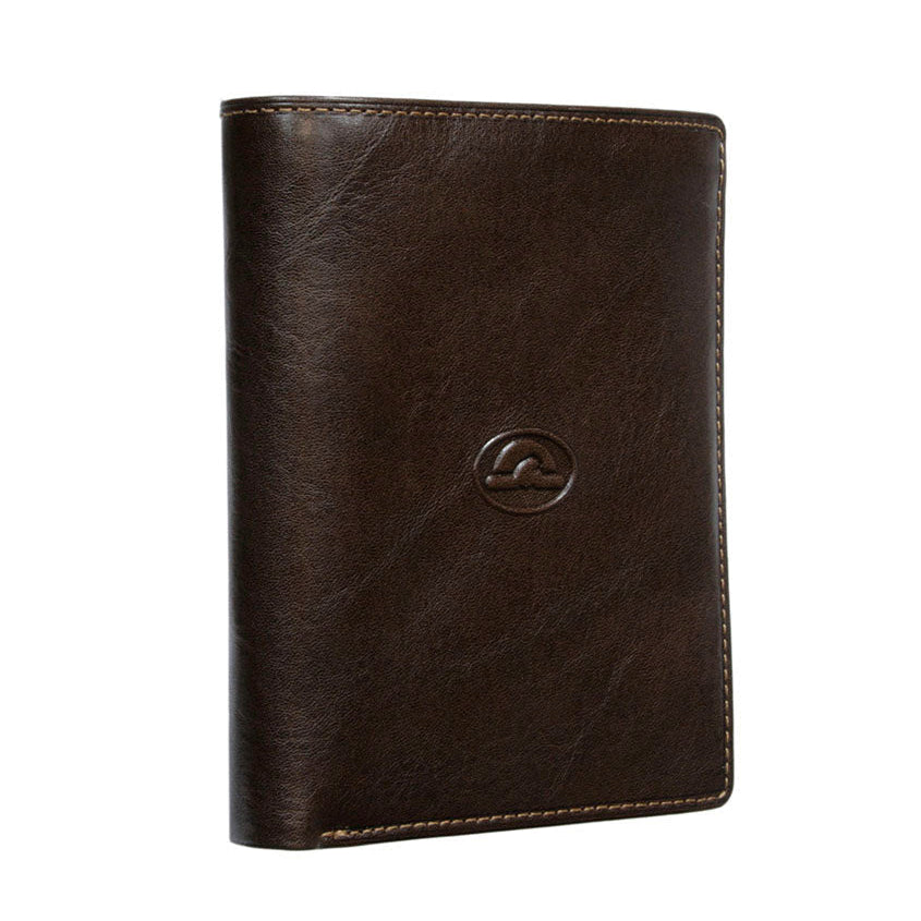 Tony Perotti Italico 2310 moro dark brown leather card wallet — closed vertical format with the embossed turtle emblem and contrasting light-beige stitching