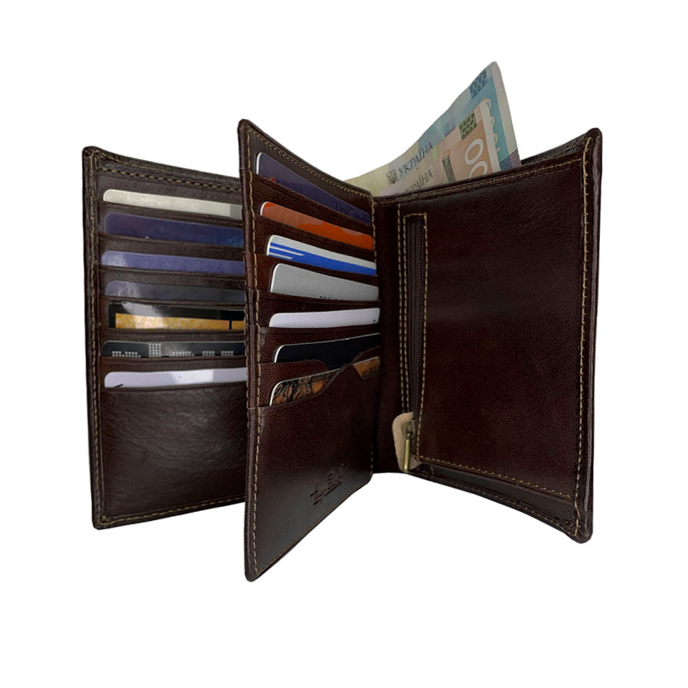 Dark brown Tony Perotti Italico 2310 card wallet fully open with cards in the slots — flip-out middle panel, zip pocket and banknotes in the full-length compartment