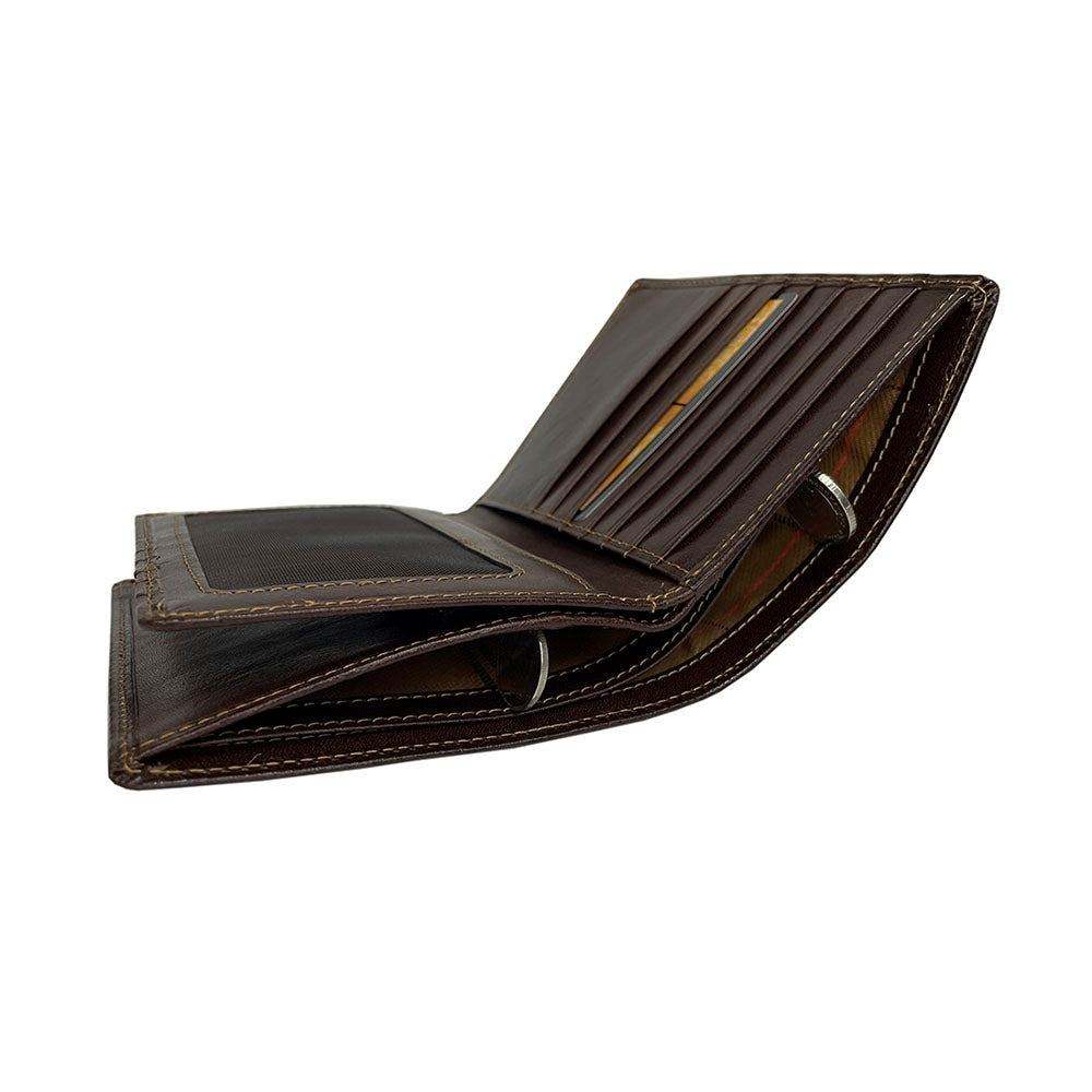 Dark brown Tony Perotti Italico 2310 card wallet folded open on its side — card slots on the flip-out panel, mesh ID window and the check-pattern lining inside