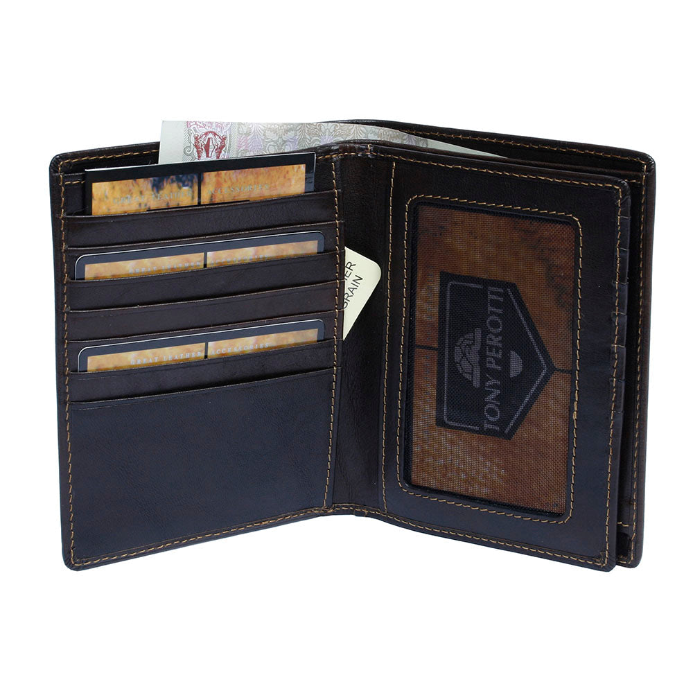 Open dark brown Italico 2310 card wallet — mesh ID window with the Tony Perotti card, card slots and the full-length banknote compartment
