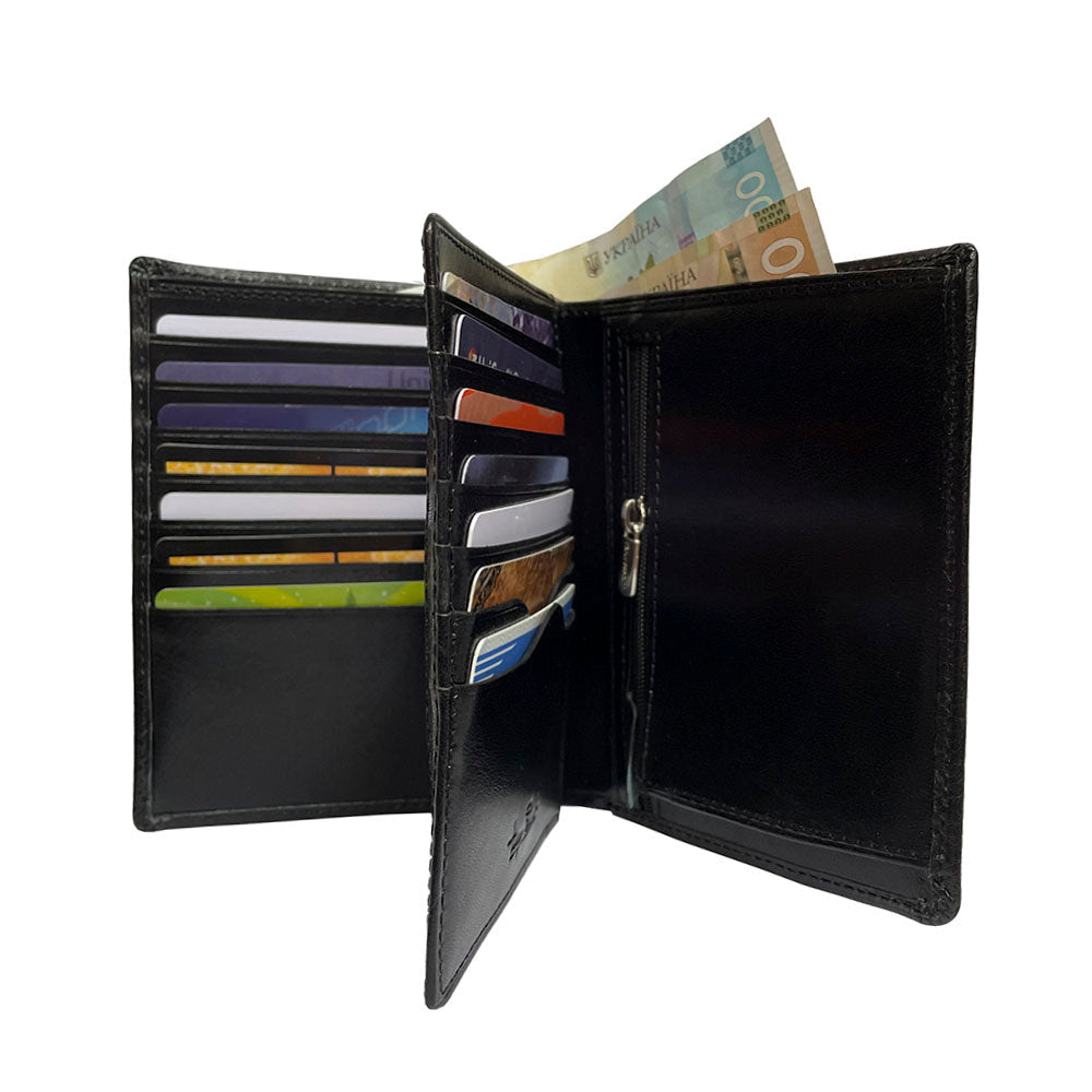 Black Tony Perotti Italico 2310 card wallet fully open with cards in the slots — flip-out middle panel, zip pocket and banknotes in the full-length compartment