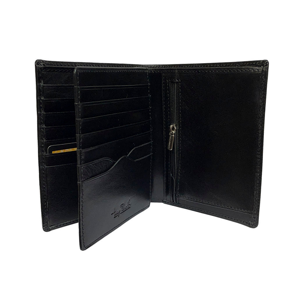Open black Italico 2310 card wallet — the flip-out panel with card slots and embossed Tony Perotti signature beside the zip pocket with branded puller