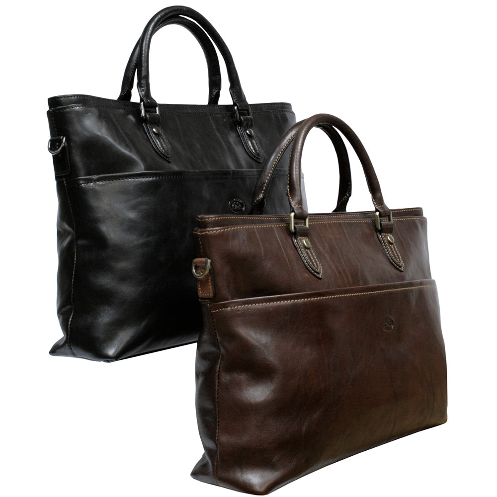 Tony Perotti Italico 7615 laptop bag in two colourways — the dark brown moro version standing in front of the black nero version