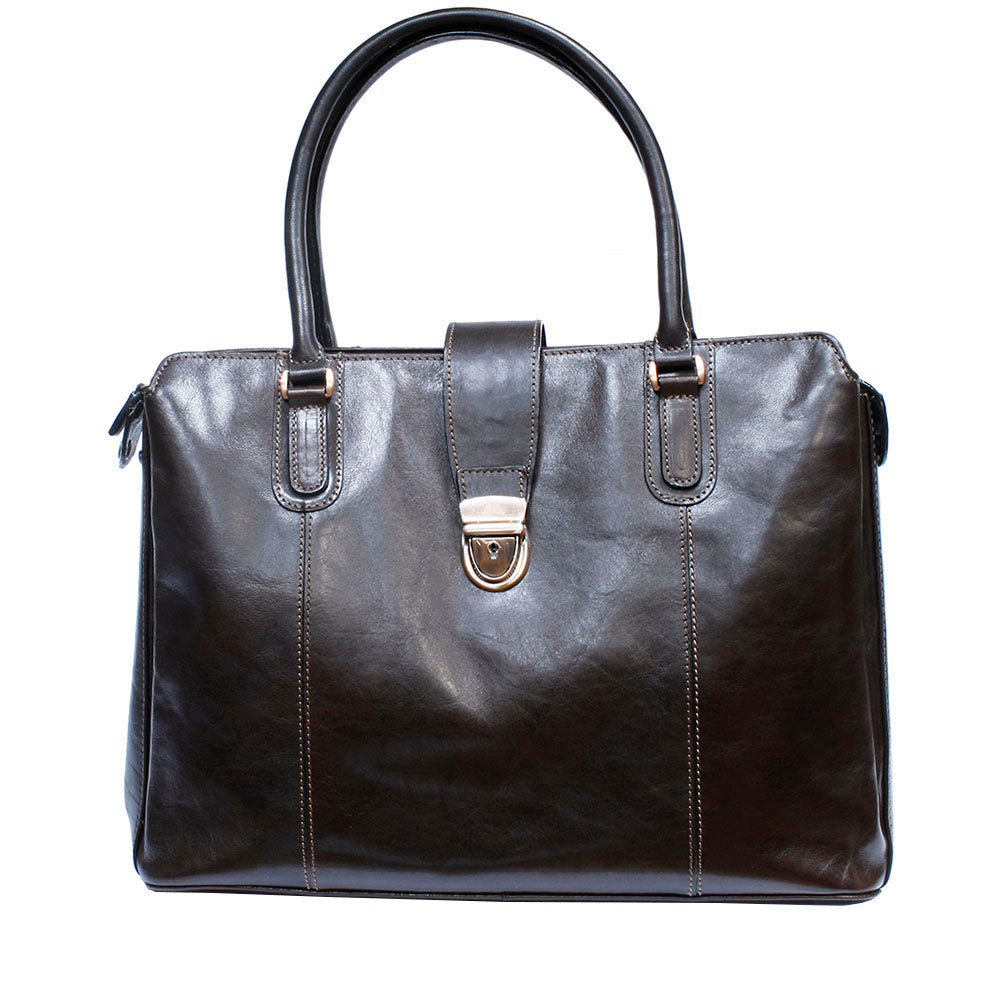Front of the Tony Perotti Italico 9715-40 moro dark brown leather laptop bag — the bronze push lock closed on the centre strap