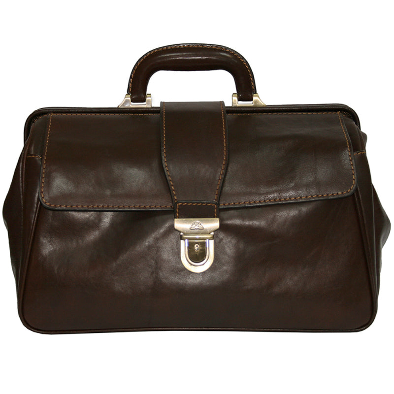 Back of the dark brown Italico 8051 doctor bag — top snap tab, centre seam and embossed Tony Perotti signature