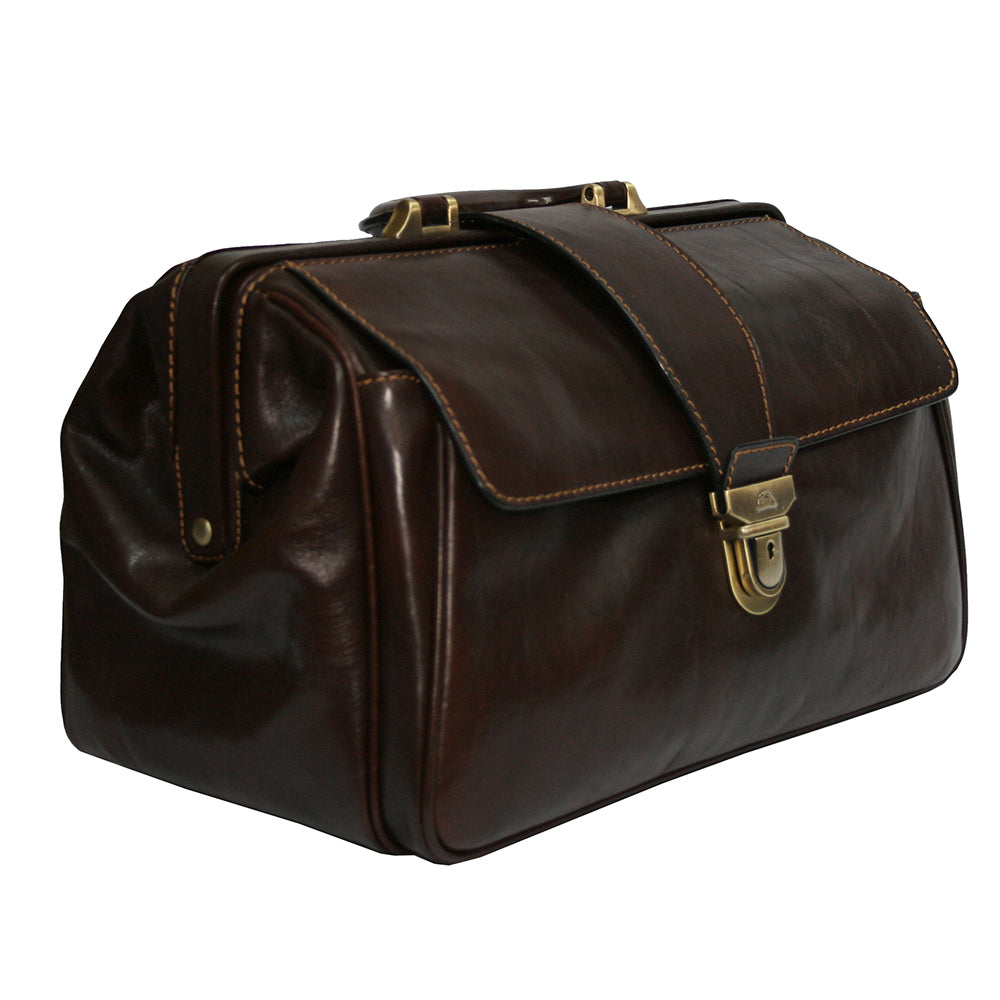 Tony Perotti Italico 8051 men's dark brown leather doctor bag — front view with flap pocket, over-flap strap and antique brass clasp lock