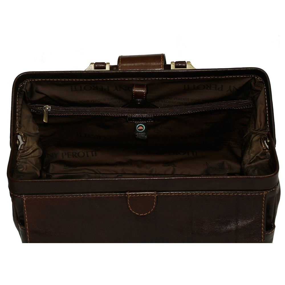 Dark brown Italico 8051 opened wide on its rigid frame — branded Tony Perotti lining, inner zip pocket and hologram tag
