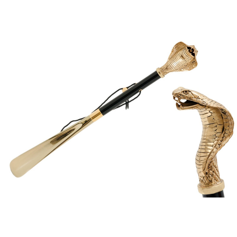 Pasotti shoehorn with a gold-colored cobra-shaped handle, wooden shaft and ABS plastic scoop