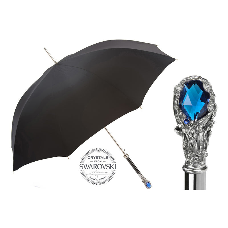 Men's black Pasotti umbrella with silver designer handle and blue crystal