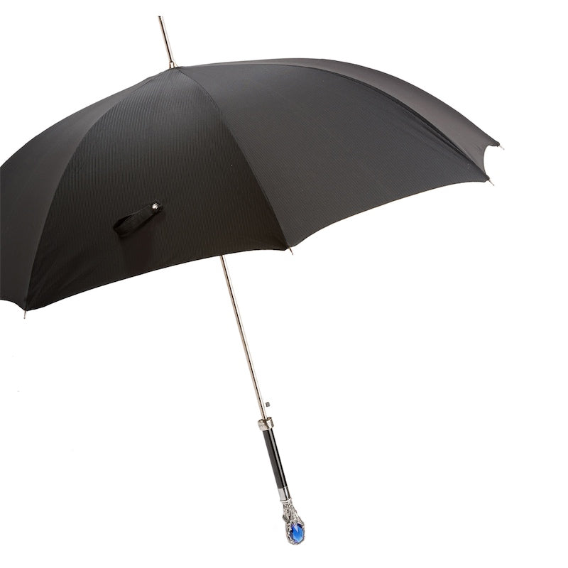 Men's black Pasotti umbrella with silver designer handle and blue crystal