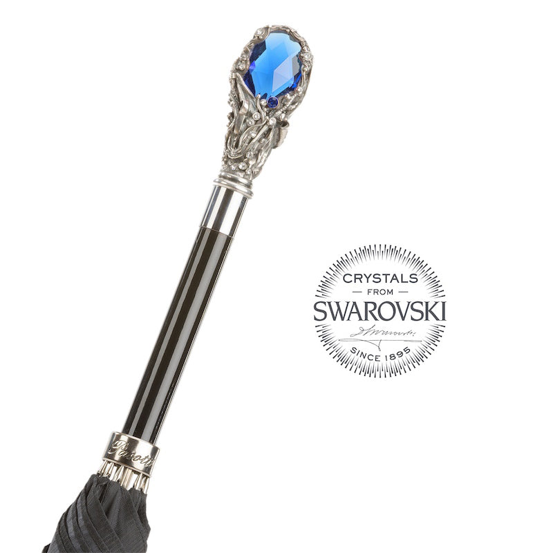 Men's black Pasotti umbrella with silver designer handle and blue crystal