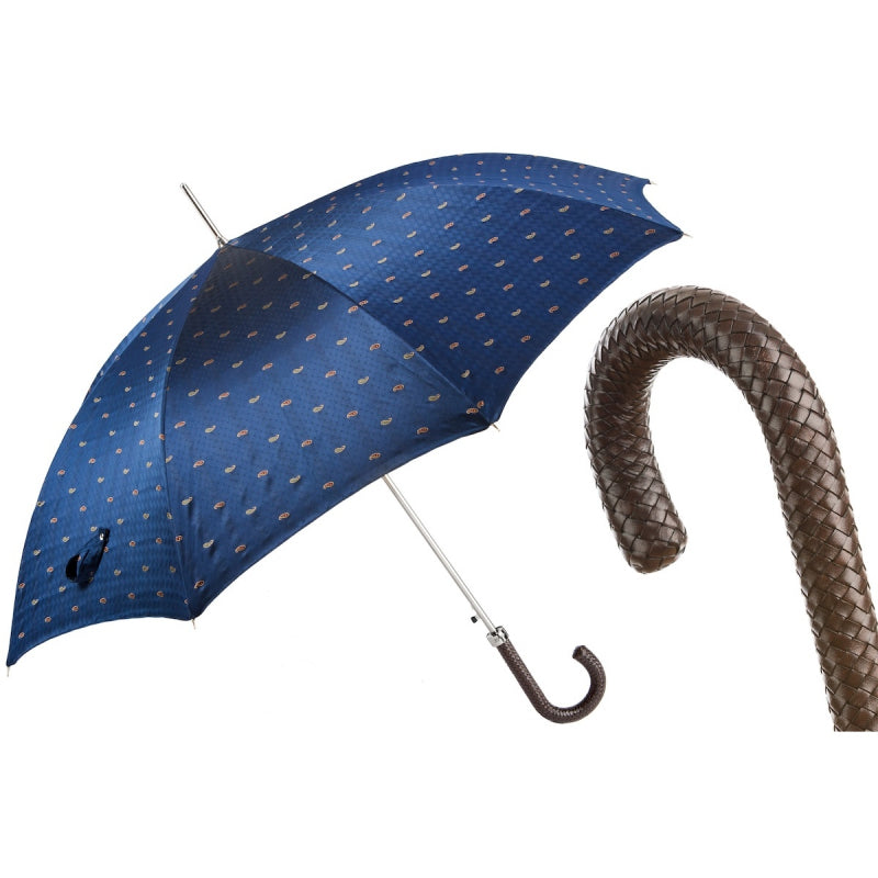 Men's designer blue Pasotti umbrella with braided leather handle - img 1