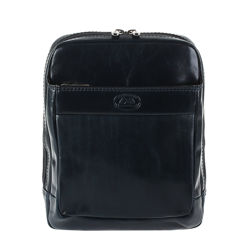 Front view of the navy Tony Perotti Italico 9984 — front zip pocket beneath the leather trim with embossed turtle emblem