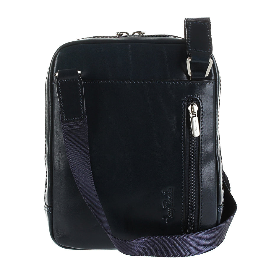 Back of the navy Italico 9984 — vertical rear zip pocket, embossed Tony Perotti signature and navy textile strap