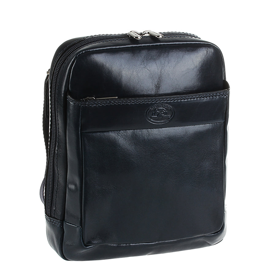 Tony Perotti Italico 9984 men's navy leather crossbody bag — angled front view with front pocket and embossed turtle emblem