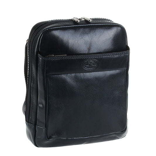 Tony Perotti Italico 9984 men's navy leather crossbody bag — angled front view with front pocket and embossed turtle emblem