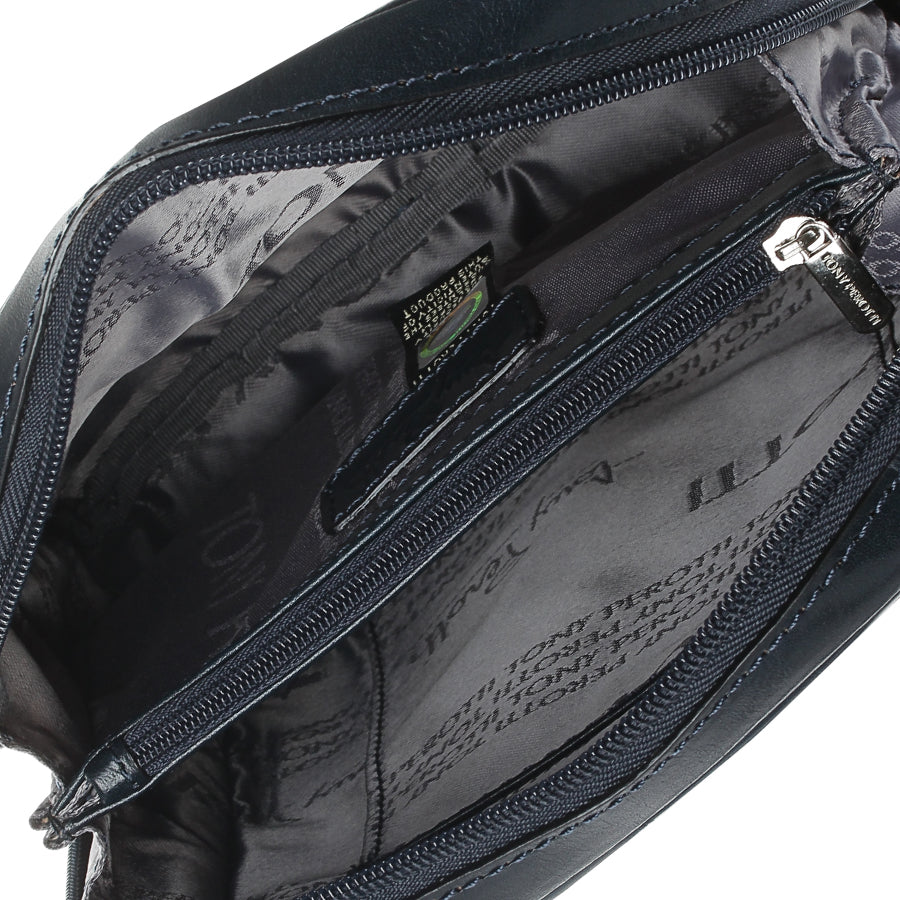 Inside the navy Tony Perotti Italico 9984 — branded lining, zip partition pocket and hologram tag