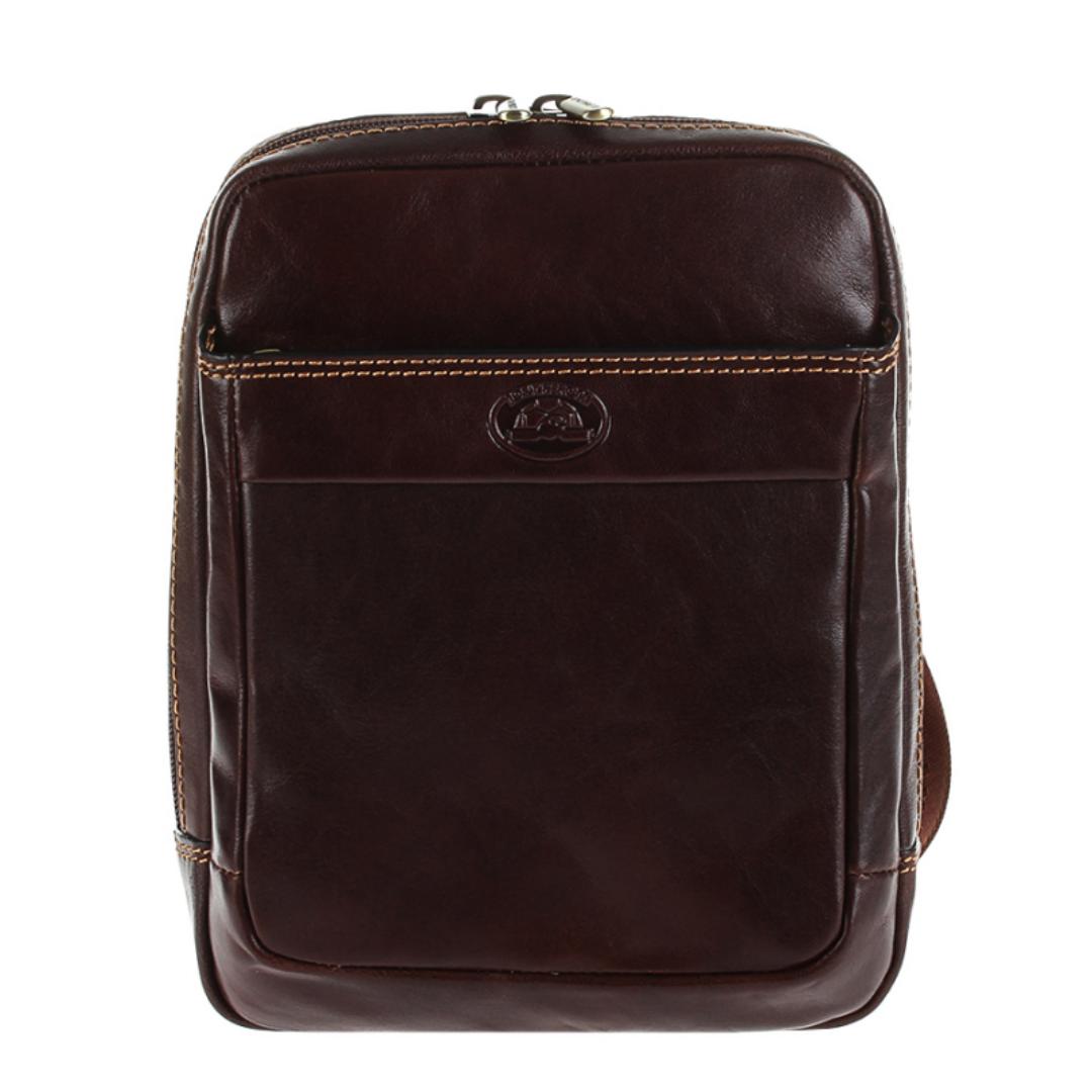 Front view of the dark brown Tony Perotti Italico 9984 — front zip pocket beneath the leather trim with embossed turtle emblem