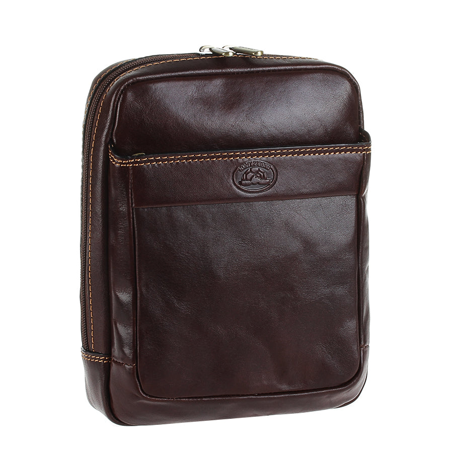Tony Perotti Italico 9984 men's dark brown leather crossbody bag — angled front view with contrasting stitching and embossed turtle emblem