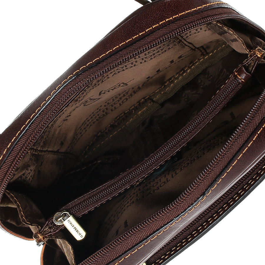 Inside the dark brown Italico 9984 — branded lining and zip partition pocket with Tony Perotti puller