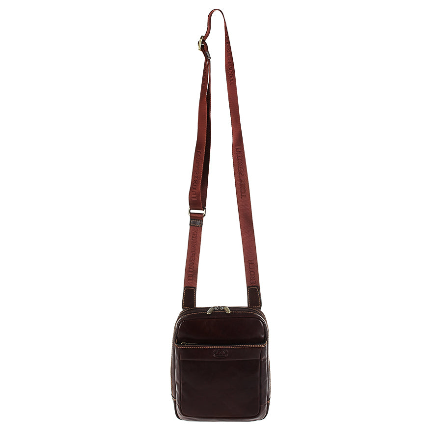Tony Perotti Italico 9984 dark brown crossbody bag on the long terracotta strap with Tony Perotti lettering