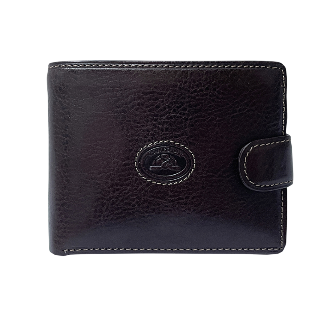Dark brown Tony Perotti Italico 1842E-A leather bifold wallet seen straight on, closed — the embossed oval badge, the side snap tab and cream contrasting stitching