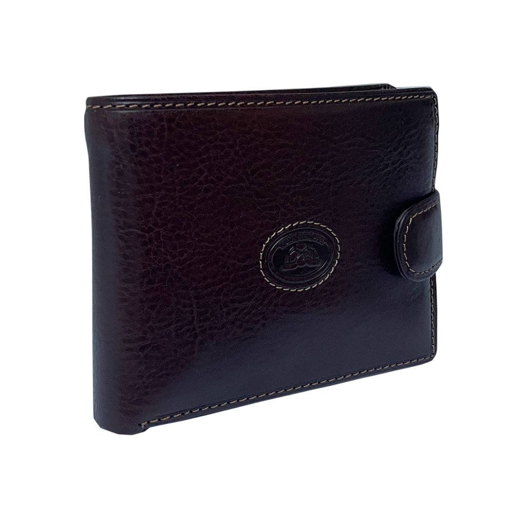 Dark brown Tony Perotti Italico 1842E-A bifold wallet standing closed at a three-quarter angle, the snap tab fastened