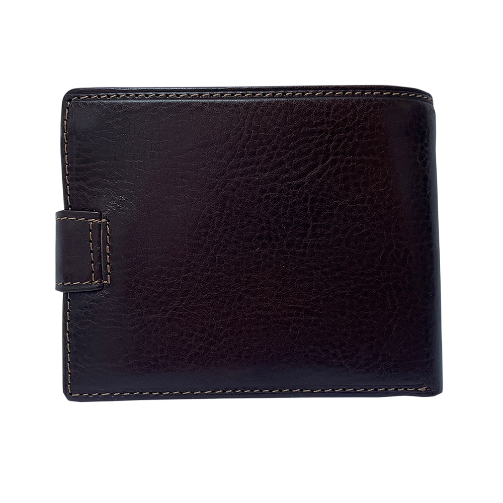 Back of the dark brown Tony Perotti Italico 1842E-A wallet — a plain leather panel with the snap tab at the edge