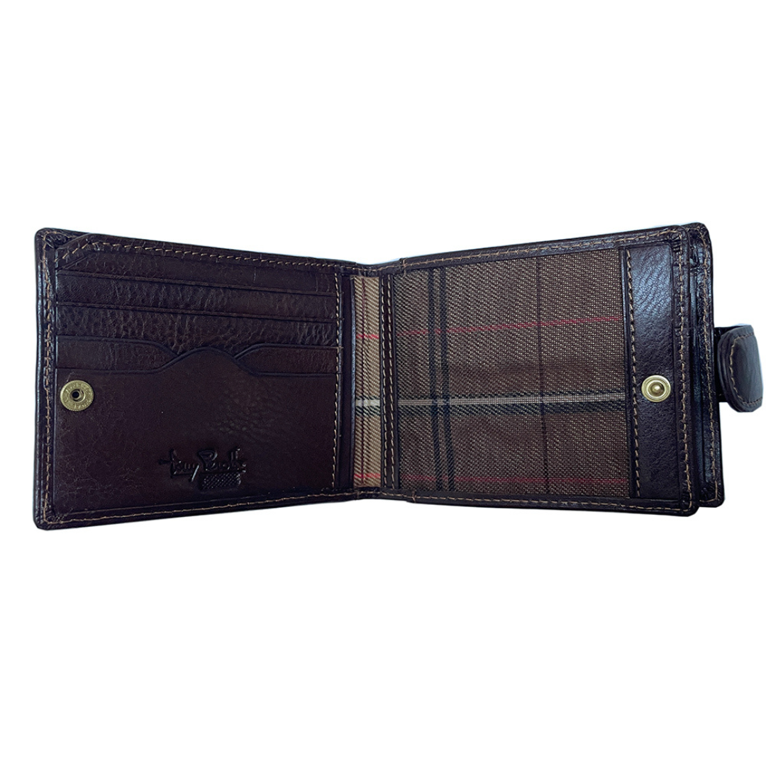 Tony Perotti Italico 1842E-A moro opened — card slots on the left and the coin section lined in tartan fabric on the right, brass press studs at the sides