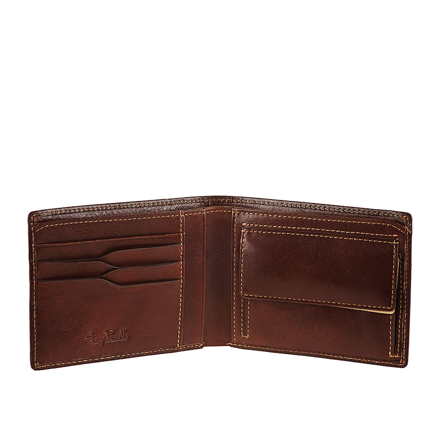 Open Tony Perotti Nevada 537 moro wallet, empty — three card slots and the embossed Tony Perotti signature on the left half, the flap pocket on the right, contrast light stitching throughout