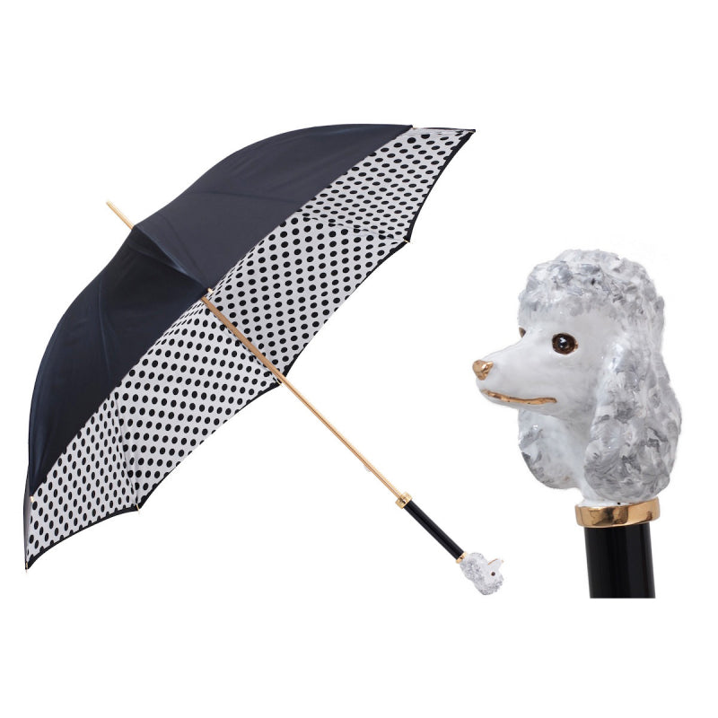 Elegant black and white polka dot umbrella with Poodle handle by Pasotti -1