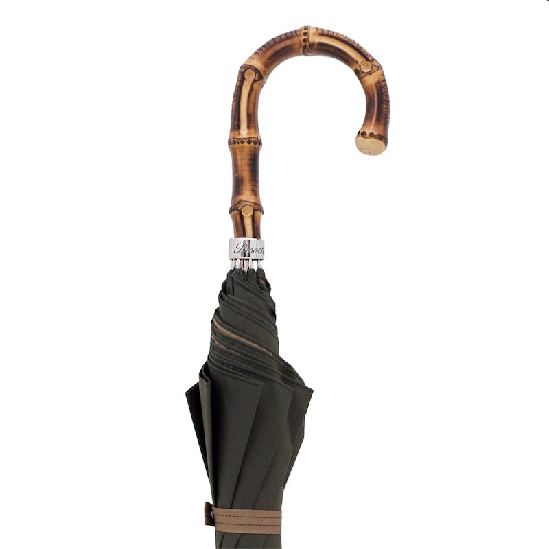 Pasotti bicolor cane umbrella shown closed, handle detail
