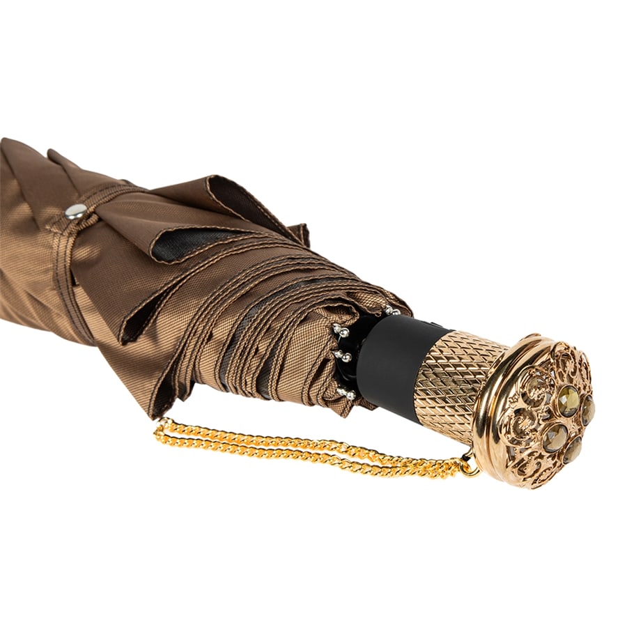 Gold-tone brass handle of Pasotti beige folding umbrella with beige crystals