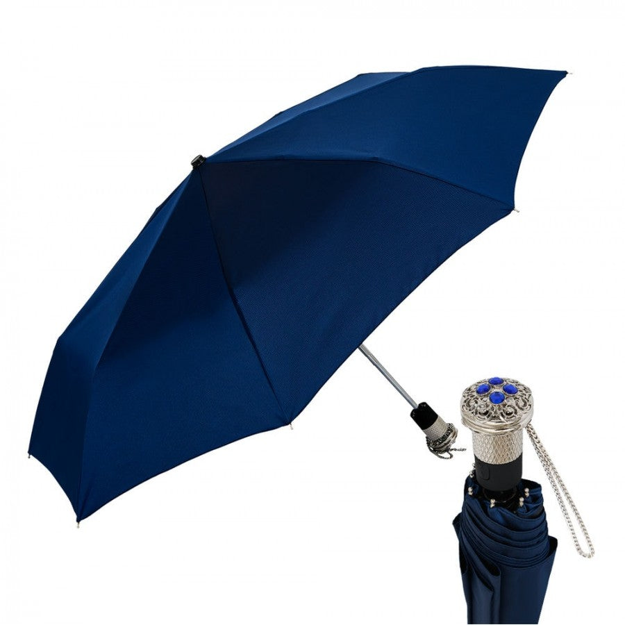 Pasotti women’s dark blue folding umbrella with silver-tone jeweled handle
