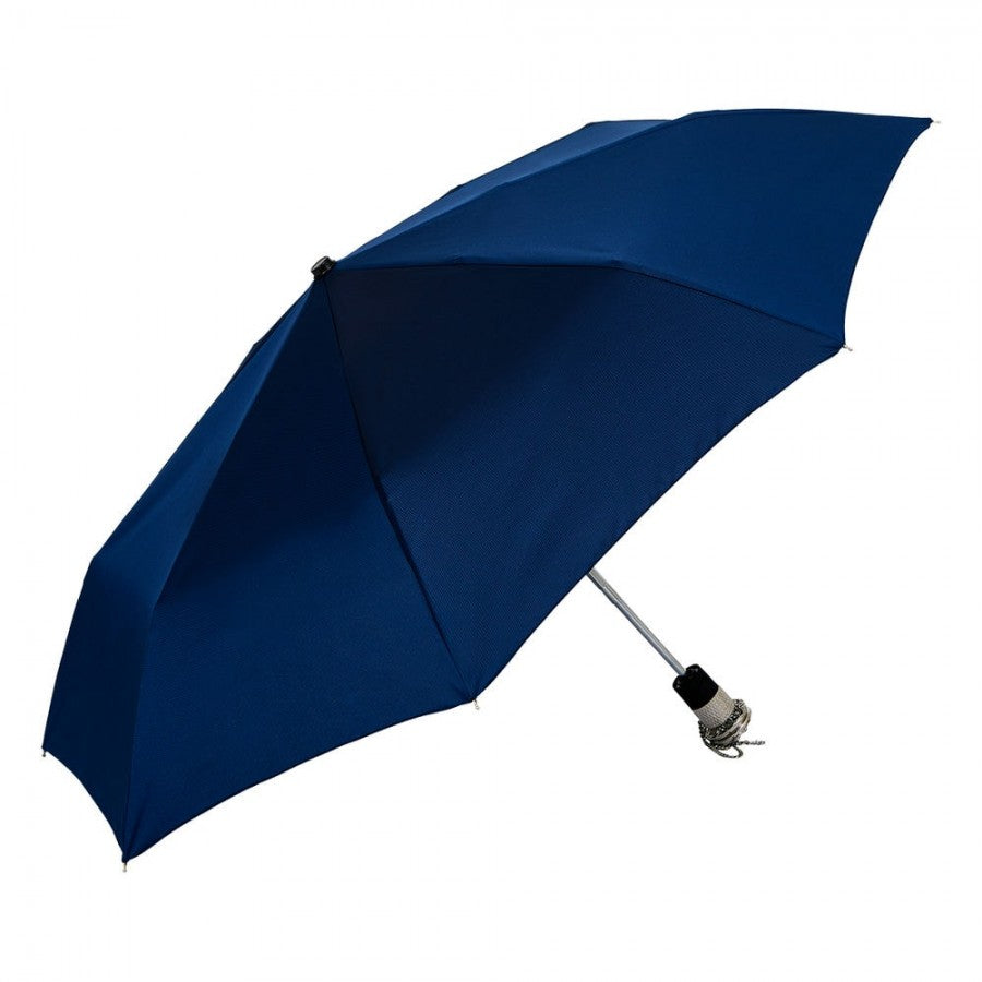 Open Pasotti dark blue folding umbrella with silky solid canopy