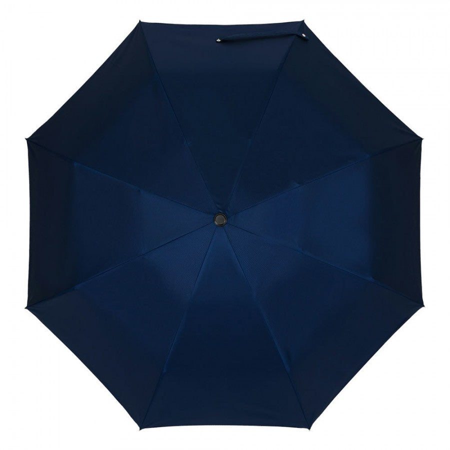Open Pasotti dark blue folding umbrella with silky solid canopy on a white background