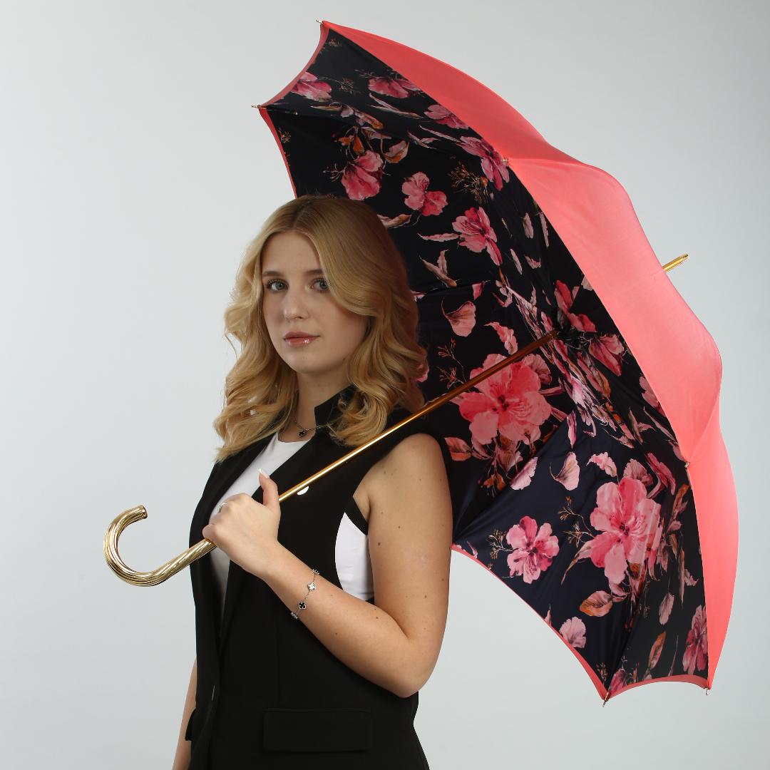 Girl with beautiful Pasotti Magnolia Spring coral women's umbrella 1