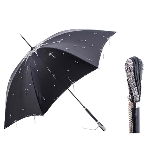 Luxury black women's umbrella with spectacular handle and hand-stitched Swarovski® crystals on the dome