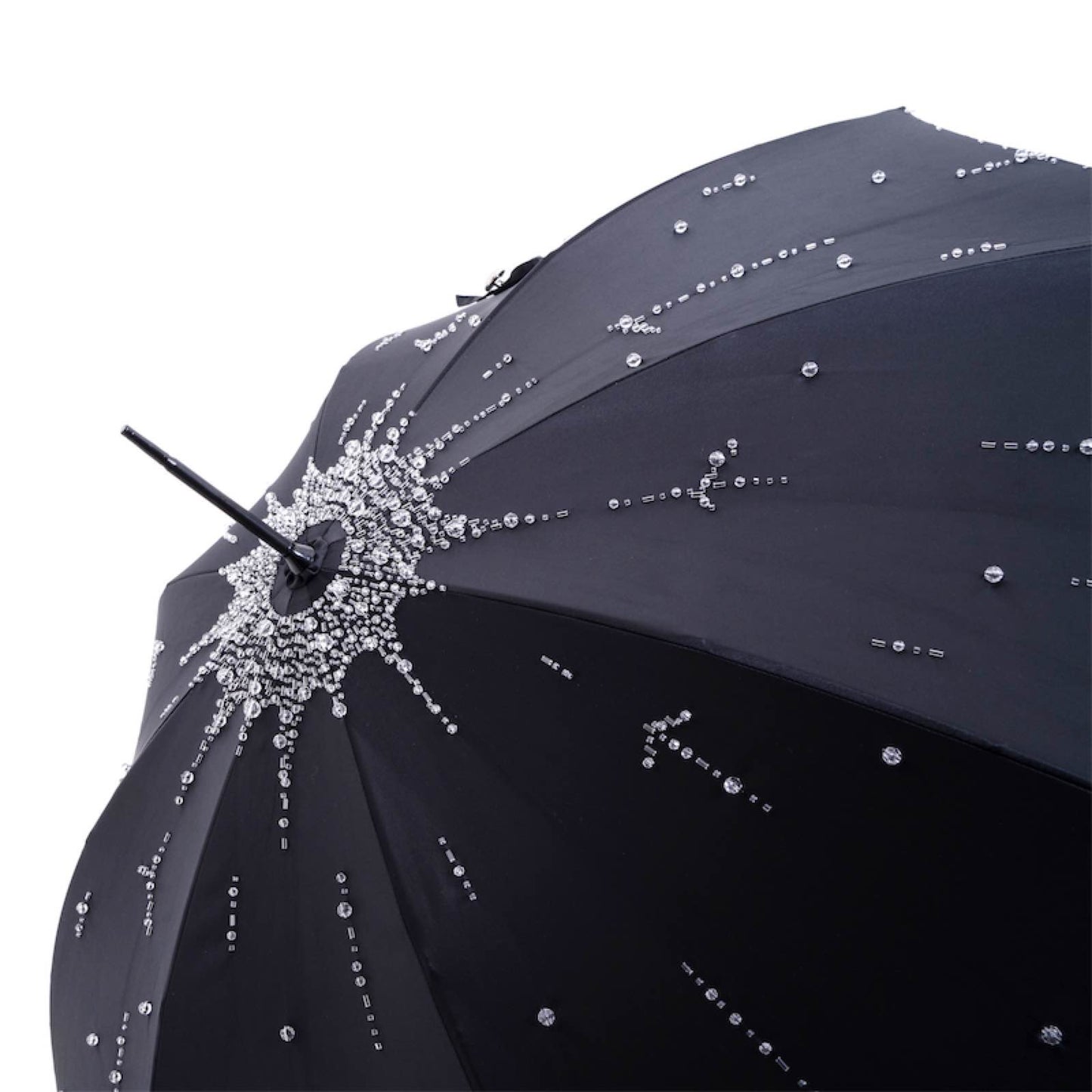 Luxury black women's umbrella with spectacular handle and hand-stitched Swarovski® crystals on the dome