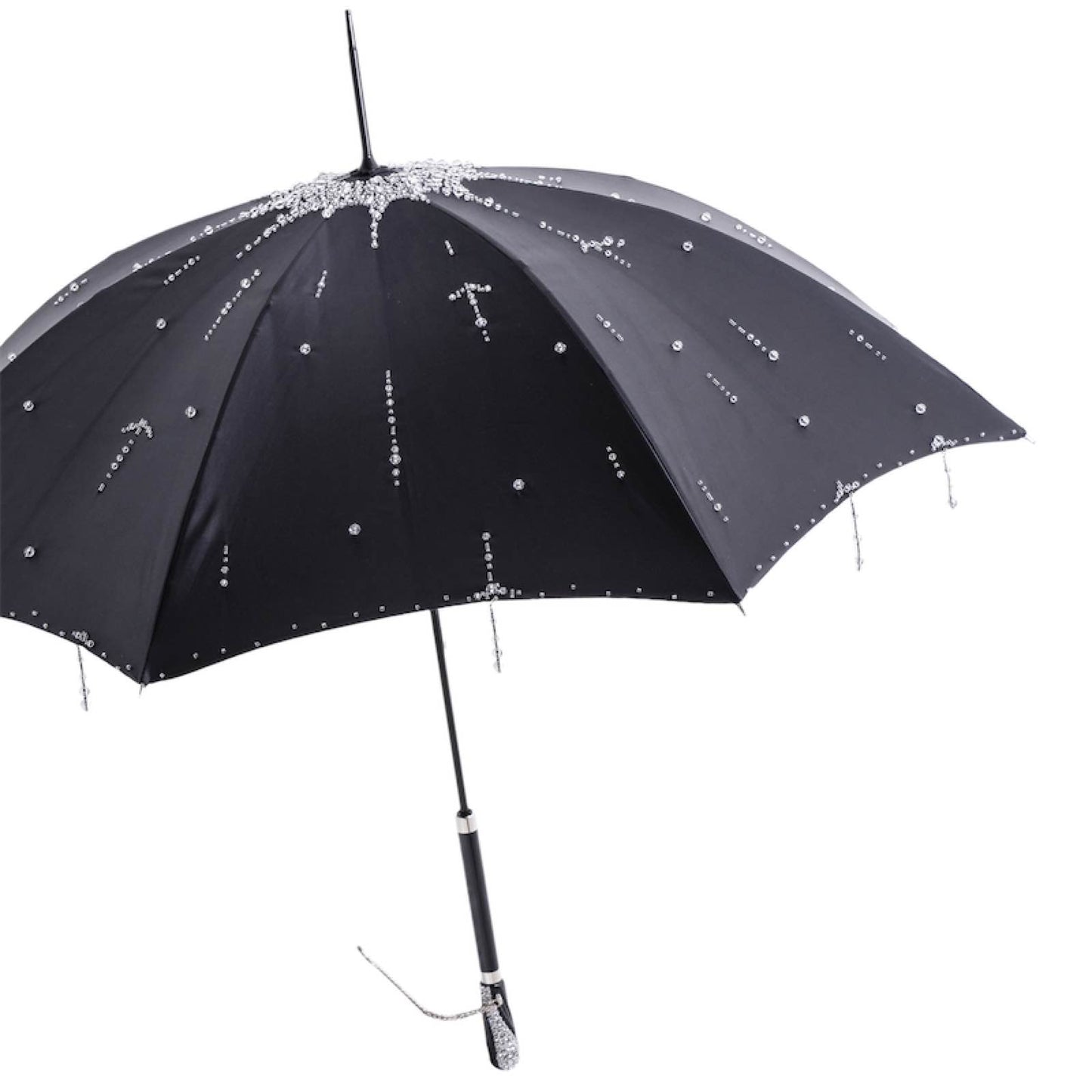 Luxury black women's umbrella with spectacular handle and hand-stitched Swarovski® crystals on the dome