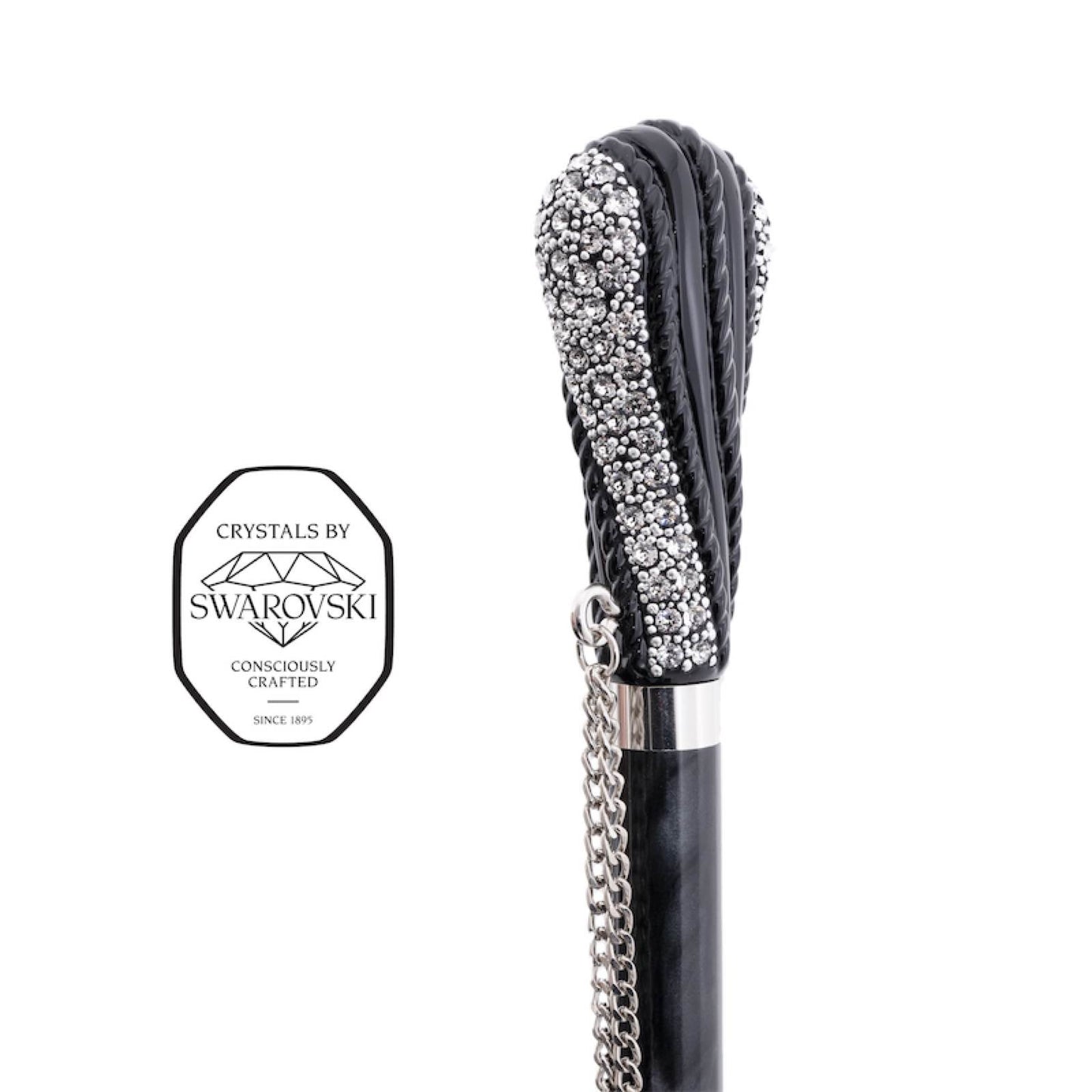 Luxury black women's umbrella with spectacular handle and hand-stitched Swarovski® crystals on the dome