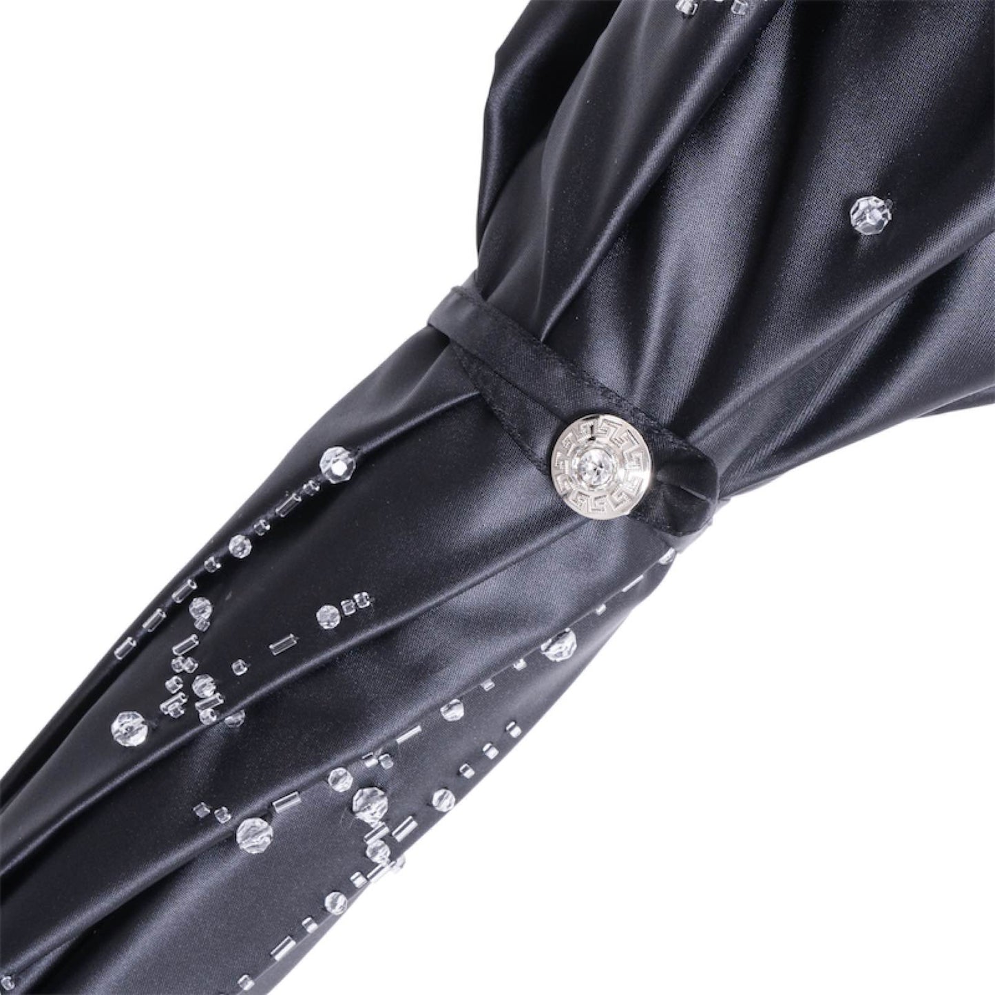 Luxury black women's umbrella with spectacular handle and hand-stitched Swarovski® crystals on the dome