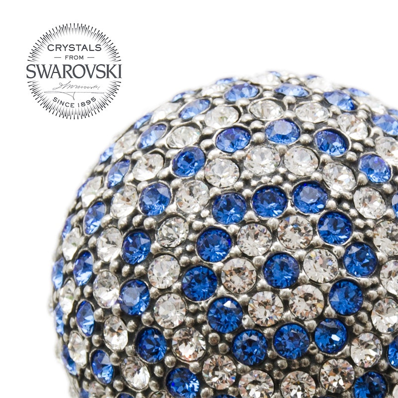 Close-up of Pasotti shoehorn handle adorned with blue and white Swarovski crystals
